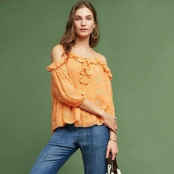 Anthropologie Tops - Anthropologie Floreat Maryana Open Shoulder Blouse Women’s Size XS Tangerine